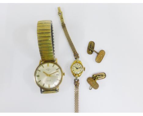 Gents vintage Rotary wristwatch together with a lady's Rotary wristwatch on gold plated bracelet strap and a pair of Gents go