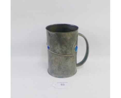 Tudric pewter tankard with enamel cabochon's with impressed backstamp and registration number 427693, model No.0334, 13.5cm h