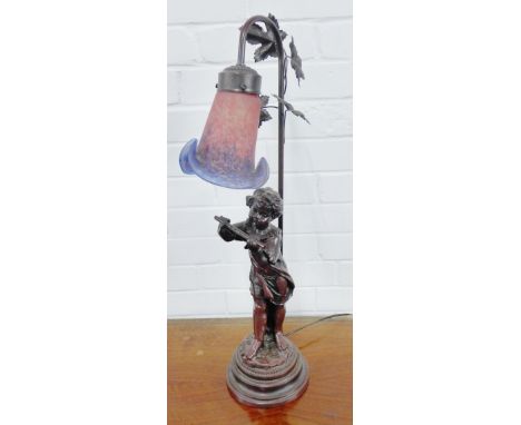 Art Nouveau style figural table lamp base with a red and blue art glass shade, 68cm high 