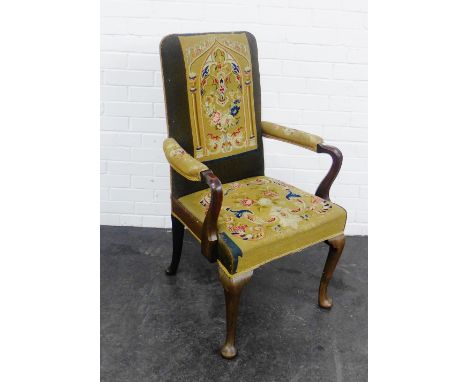 Mahogany framed open armchair with tapestry upholstered back , arms and seat, 105 x 58cm 