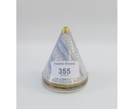 Pyramid shaped enamel and gilt metal pin cushion and thimble, 8cm high 