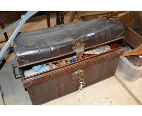 A japanned tin trunk and contents of various vintage children's toys, building blocks, wooden dolls etc.