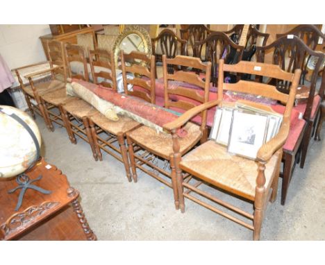 A set of six elm ladder back and rush seated dining chairs AF