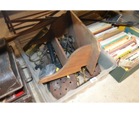 A box of various mostly metal ware to include chestnut roasters, brass shell case, brass fittings candle holders, pine shelf 