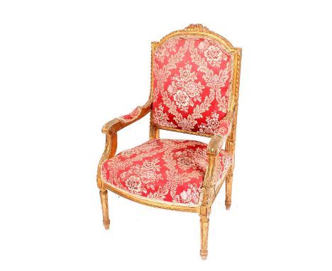 19th Century gilt five piece salon suite comprising of three seater sofa and four armchairs, decorated floral cresting's and 