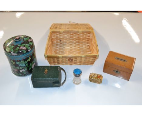 A Cloisonné jar and cover, a Treen money box, a silver enamel mounted scent bottle etc. 