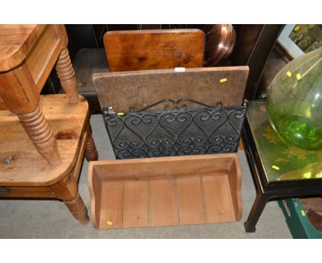 Two folding tables; a metal spark guard and a hanging pine shelf 