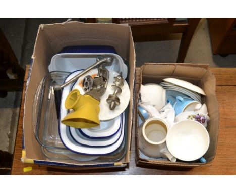 Two boxes containing enamel cooking dishes, Palissy teaware etc