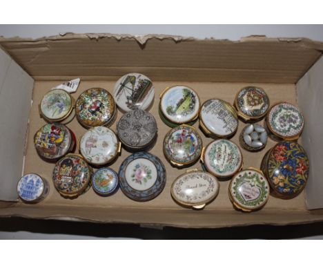 A collection of various enamel pill boxes etc.