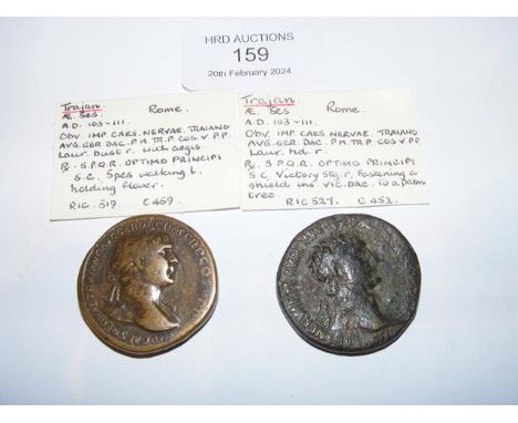 Two Roman Sestertius coins of Trajan (AD98-117) - Rome Mint 