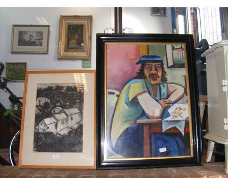 PETER WILLIAM STANYER - an abstract oil portrait, together with a charcoal picture of village in jungle 