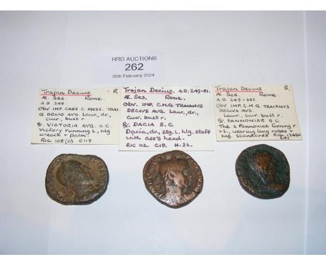 Three Roman Sestertius coins of Trajan Decius (AD249-251) - Rome Mint 