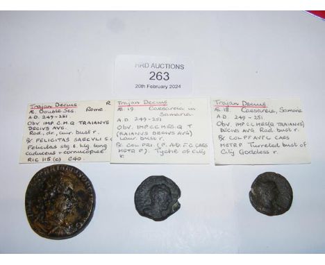 A Roman Double Sestertius, one AE19 and one AE18 coin of Trajan Decius (AD249-251) - Rome and Caesareia Mints 