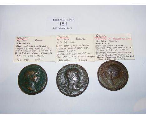 Three Roman Sestertius coins of Trajan (AD98-117) - Rome Mint 