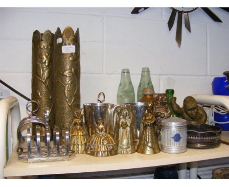 Trench Art shells with relief work decoration, together with other collectable metal ware, Codd bottles