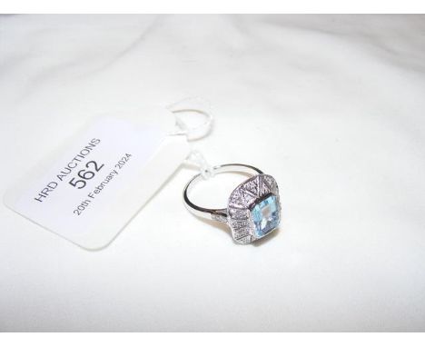 An Art Deco style diamond and topaz? dress ring in 9ct white gold setting - approx. size N