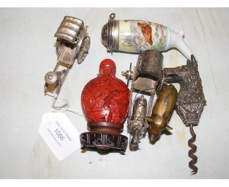 Collectable trinkets including silver Oriental model of rickshaw and carved scent bottle etc. CONDITION REPORT We have attach
