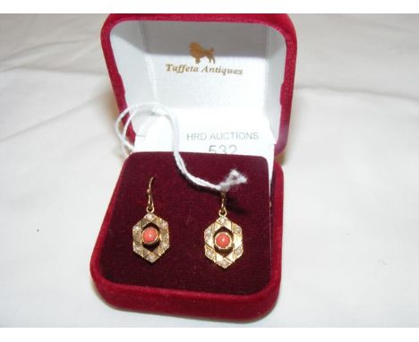 A pair of coral and seed pearl drop earrings