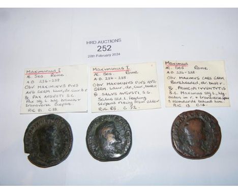 Two Roman Sestertius coins of Maximinus (AD235-238) and one of Maximus (his Son) - all Rome Mint 