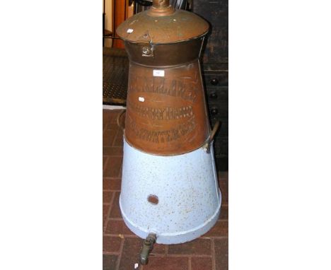 A large vintage metal milk churn with tap to bottom and W. J. Callaway, Highbury Dairy, Freshwater Bay, inscribed to front - 