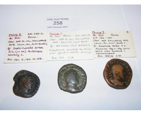 Three Roman Sestertius coins of Philip I (AD244-249) - Rome Mint 