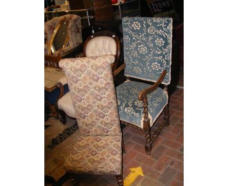 A Victorian armchair with barley twist and bobbin detail together with prie-dieu chair