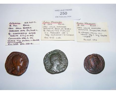 One Roman Sestertius coin  of Orbiana (AD225-7), one Sestertius and one AS coin of Julia Mamaea (Died AD235) - Rome Mints 