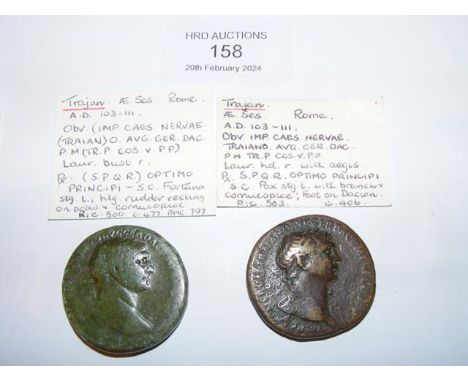 Two Roman Sestertius coins of Trajan (AD98-117) - Rome Mint 