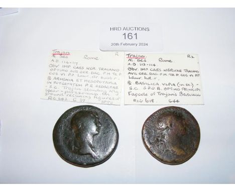 Two Roman Sestertius coins of Trajan (AD98-117) - Rome Mint 