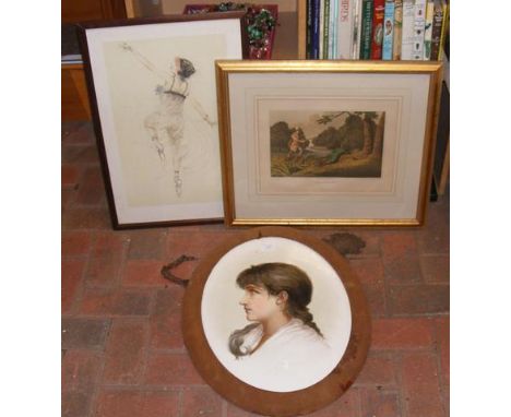 An antique side profile portrait in oval frame together antique engraving entitled 'pike fishing' and contemporary pen and in
