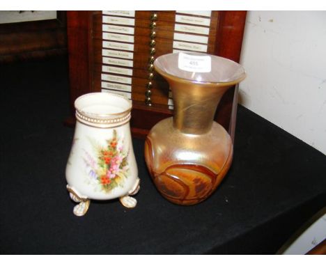 A Royal Worcester hand painted vase, together with an iridescent glass vase