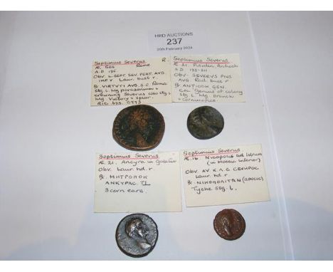 One Roman Sestertius, two AE21 and one AE16 coins of Septimius Severus (AD193-211) 
