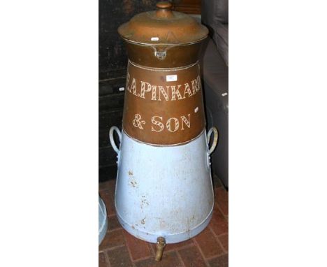 A large vintage metal milk churn with tap to bottom and E. A. Pinkard & Son inscription to front - 102cm high  CONDITION REPO