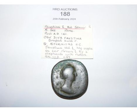 A Roman Sestertius coin of Faustina The Senior - Faustina seated in car drawn by two elephants to the reverse - Rome Mint 