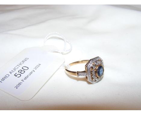 A sapphire and diamond Art Deco style ring in 9ct mount - approx. size N