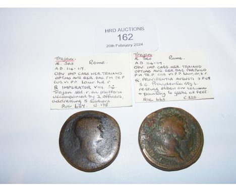 Two Roman Sestertius coins of Trajan (AD98-117) - Rome Mint 