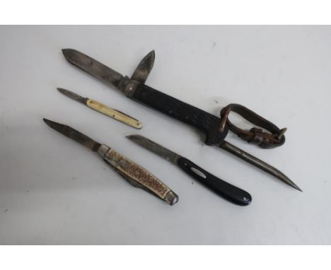 Pocket knife with steel blade stamped K McClorey Scotia, with marlin spike, a stag horn handled pocket knife, a horn pocket k