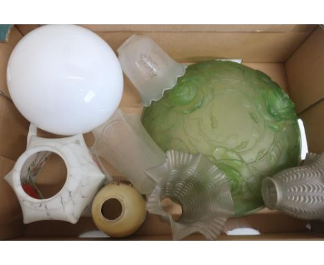 Pair of flower head opaque glass lamp shades, two etched glass lamp shades and a relief moulded green glass lamp enclosure et