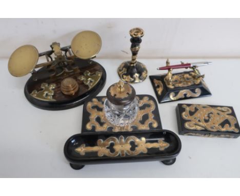 Victorian desk set comprising of ebonised and Gothic brass mounted inkwell and pen tray with cut glass inkwell, associated ca