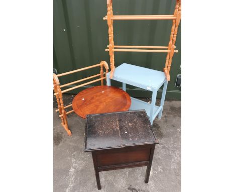 Reproduction mahogany tripod occasional table, two pine towel rail, a 1930s sewing box and a painted two tier table (5) 