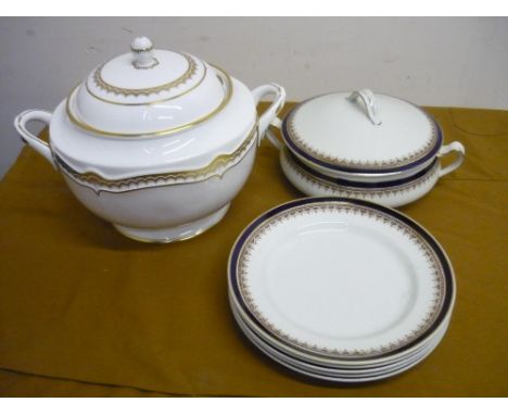 Grimwade part dinner service with blue border comprising of various plates, serving tureens etc, two large oval meat plates, 