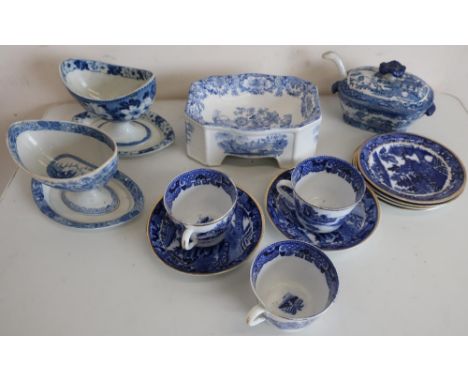 Selection of 19th C and later blue and white ceramics, including Willow pattern meat plates, part tea service, tureen and lad