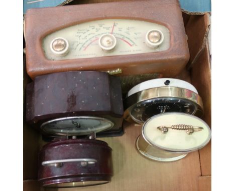 Vintage Roberts model R200 portable radio, Smith's bakelite cased mantel clock, Beatall cased alarm clock, two other clocks i