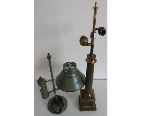 19th/20th C green and black Tole ware table lamp, converted to electric (height 40cm) and a leather and brass bound column ta