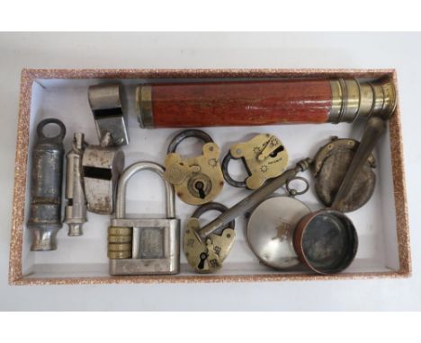 Small three drawer brass and mahogany pocket telescope, Acme Guide and other whistles, three vintage padlocks, pocket compass