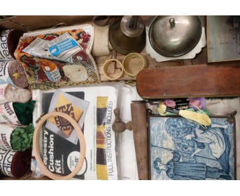Wedgwood and Sons calendar tile for June, Readicut rug kit, tapestry cushion kit, hand bell, tuning fork etc, in one box 