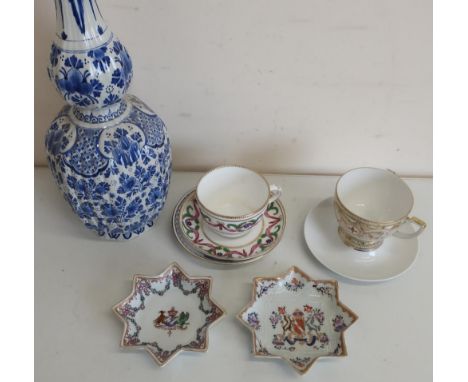 Blue and white delftware double gourd shaped vase, the base marked "Delft MB877", pair of armorial star shaped dishes (diamet