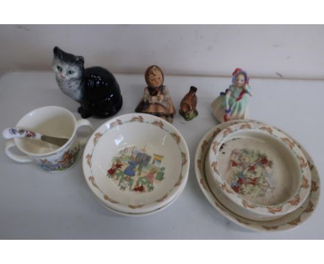 Beswick figure of a wren, another of a seated cat No. 1030 (A/F), a Royal Doulton figure "Babie" and a Hummel figure No. 69 (