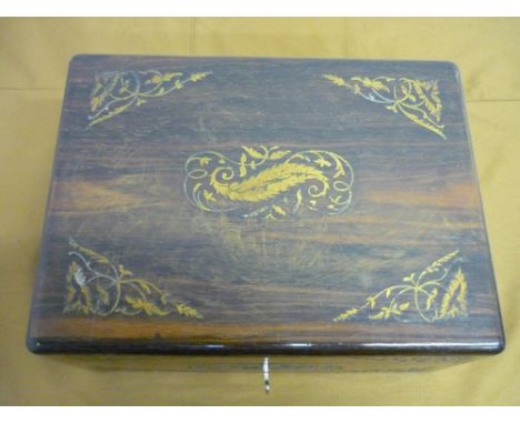 Victorian rosewood inlaid jewellery box with lift out tray, with a small selection of contents including Mother of Pearl hand