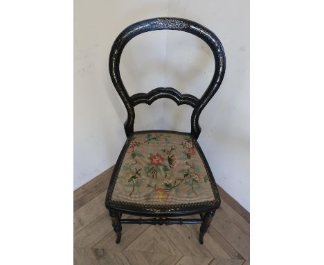 Victorian papier-mache lacquered and Mother of Pearl &amp; gilt bedroom chair with wool-work upholstered seat, on turned supp
